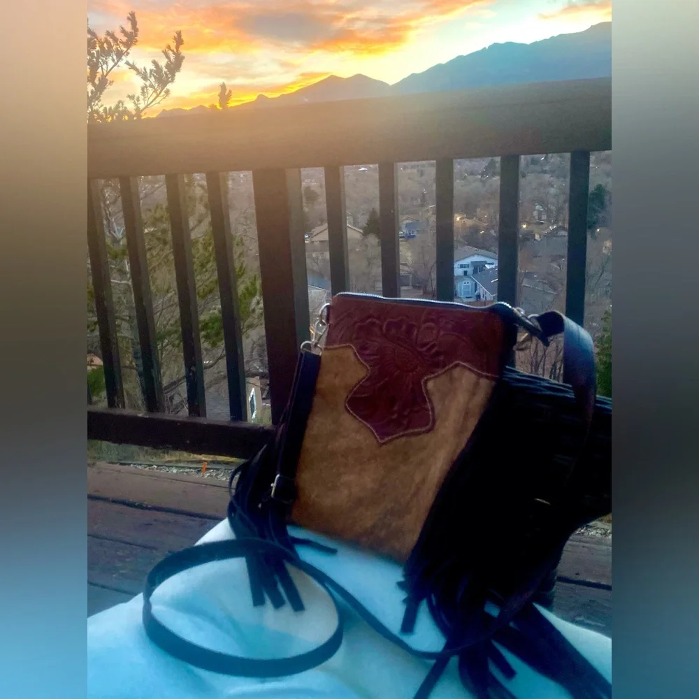 Genuine Cowhide Hair Embossed Leather Western Fringe Crossbody Boho Purse